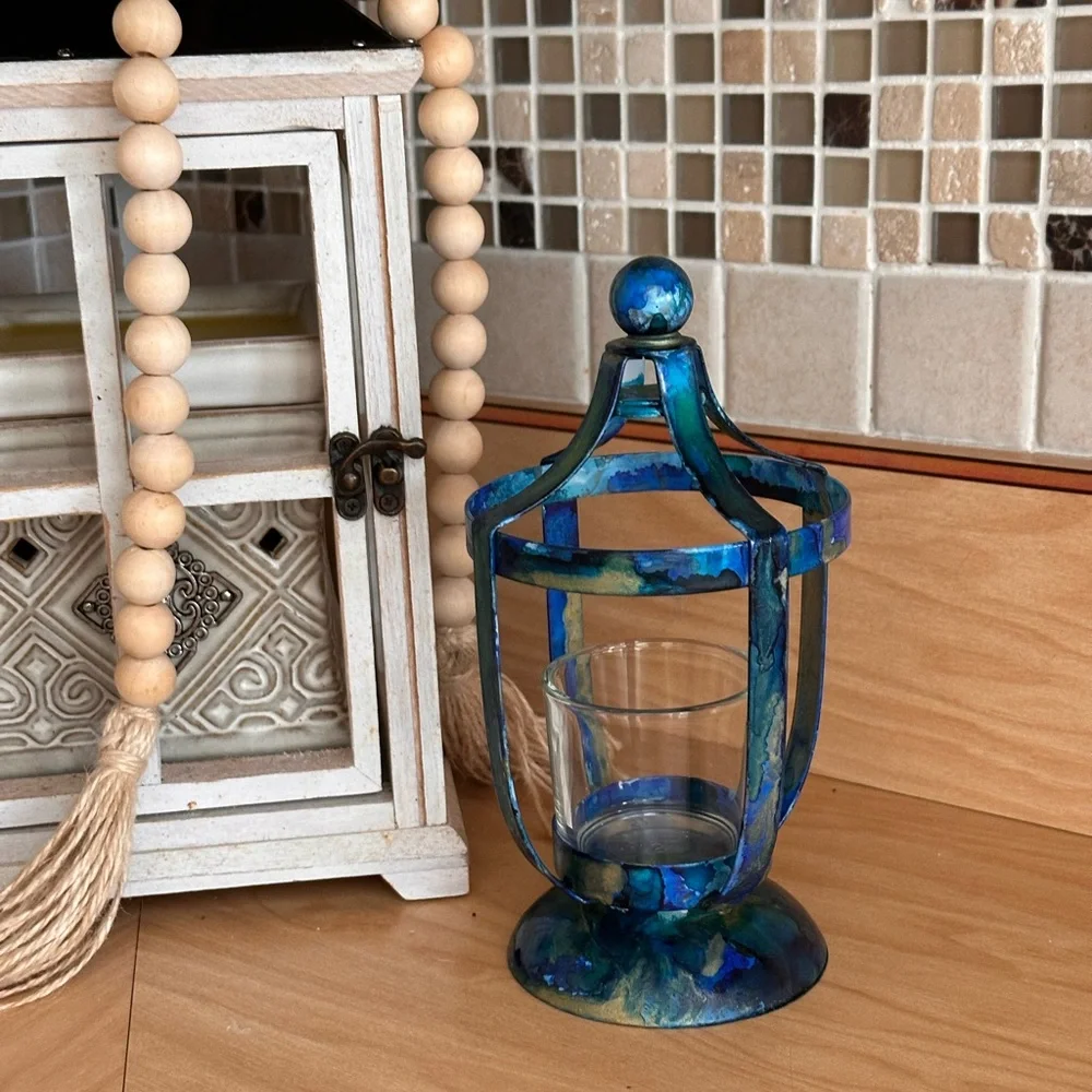 Handcrafted blue metal lantern votive holder with glass cup decorative accent